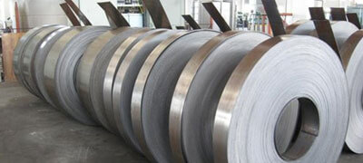 Rolls of stainless steel strips in a factory