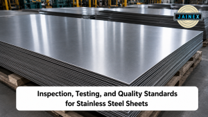 Stacked stainless steel sheets in an industrial warehouse.